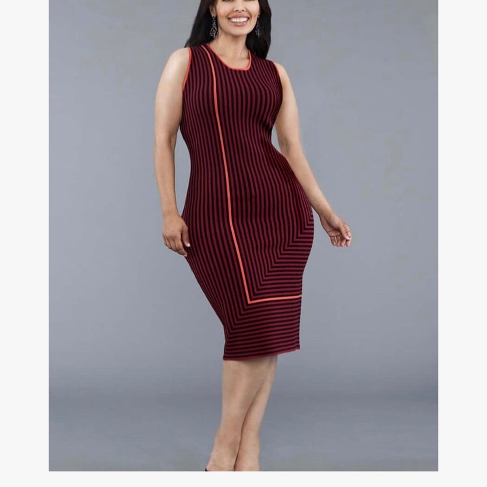 I.B.B.I Pencil Stripe Body Con Dress Claret/Black
